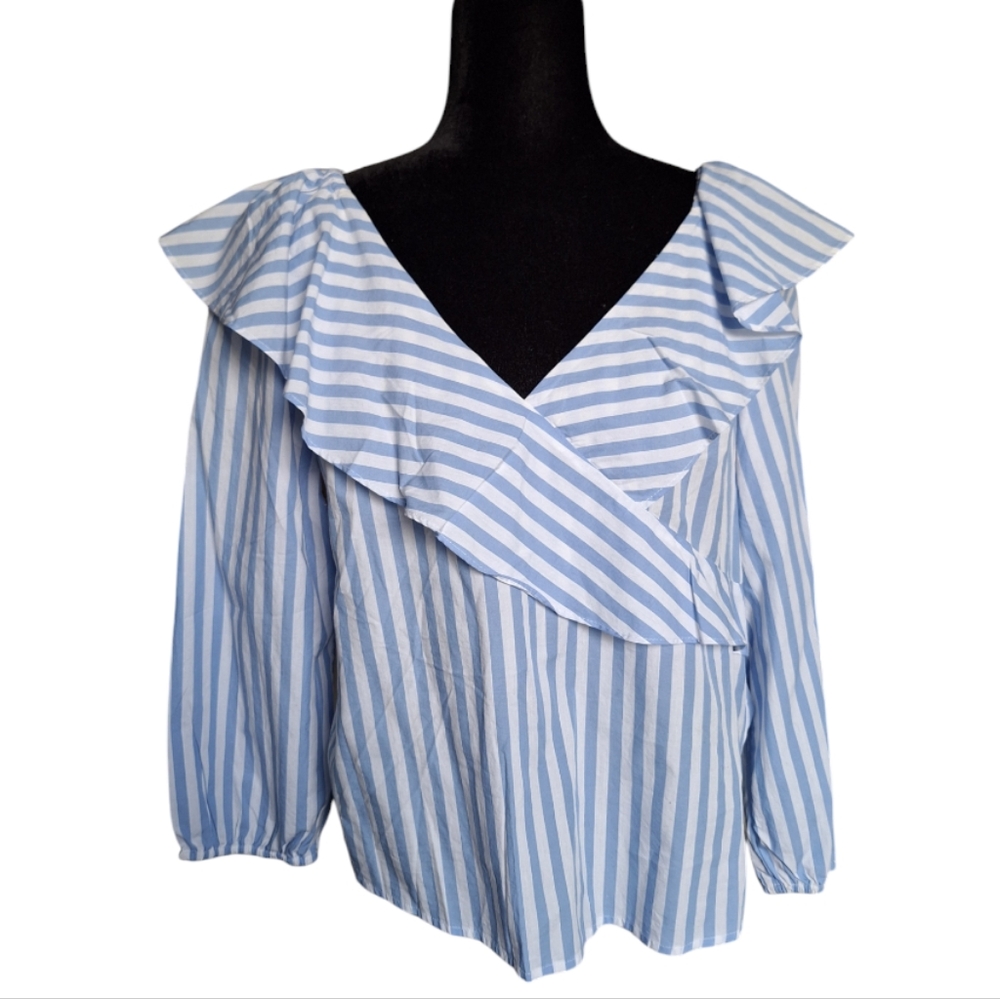 Sanctuary Blue Stripe Ruffle Crossover Pirate Shirt Top Blouse - Size  L